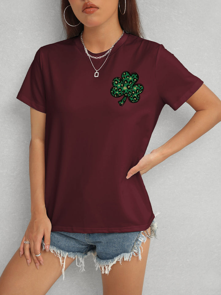 Lucky Clover Round Neck Short Sleeve T-Shirt | Trendsi