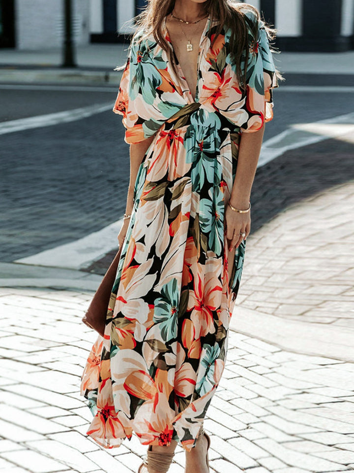 Floral Plunge Half Sleeve Dress | Trendsi