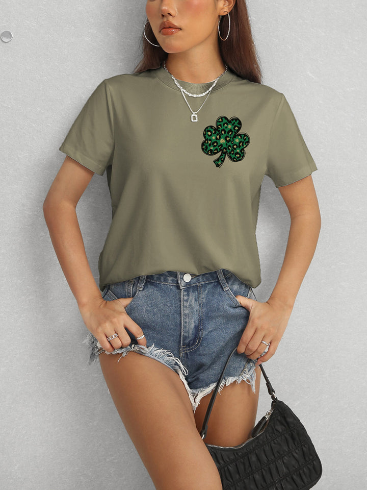 Lucky Clover Round Neck Short Sleeve T-Shirt | Trendsi