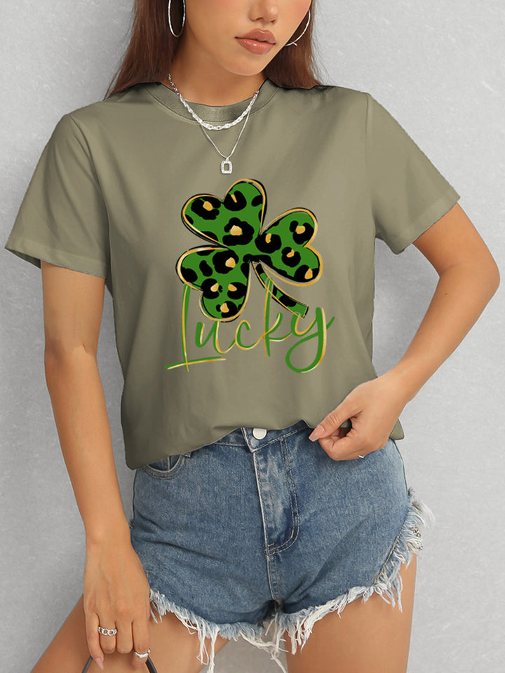 Lucky Clover Round Neck Short Sleeve T-Shirt | Trendsi