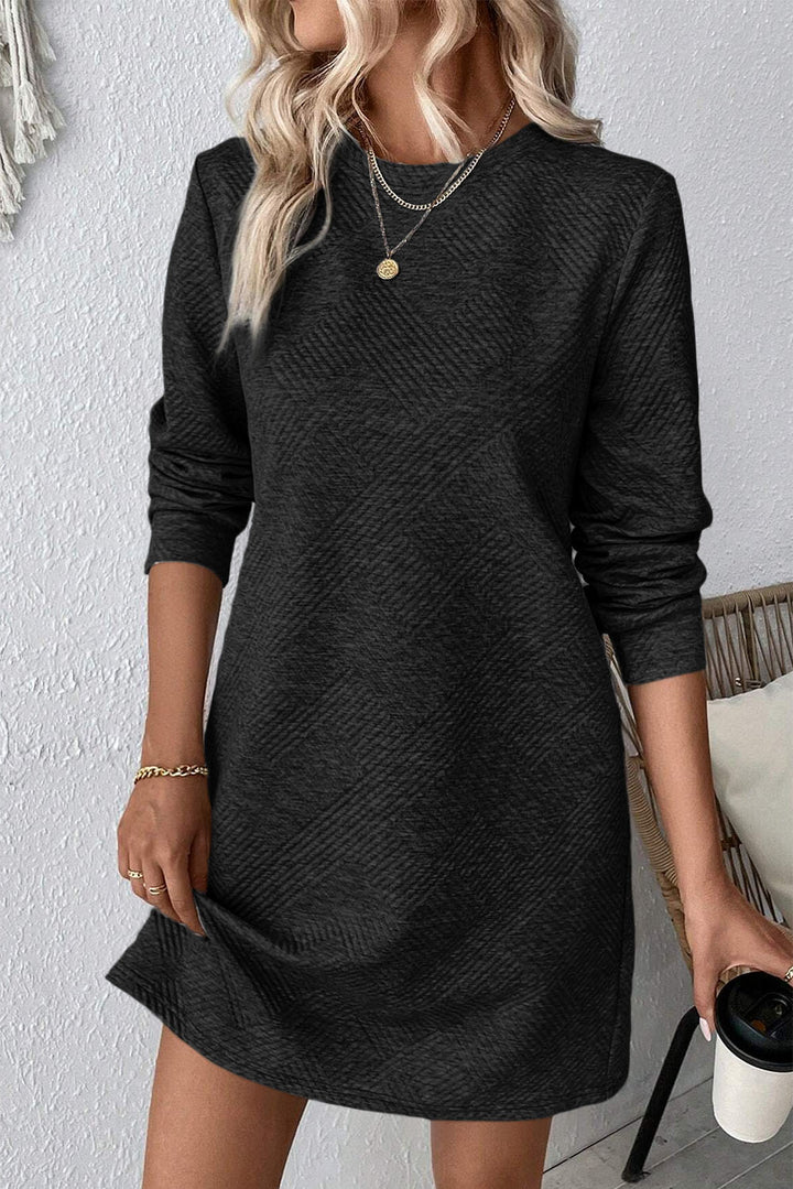 Textured Round Neck Long Sleeve Mini Dress | Trendsi