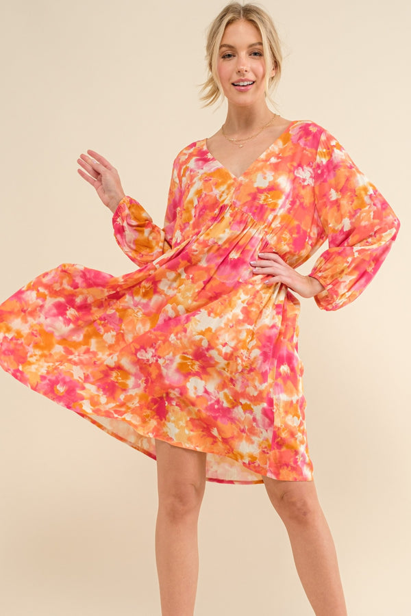 And The Why Full Size Printed Tie Back Long Sleeve Dress | Trendsi