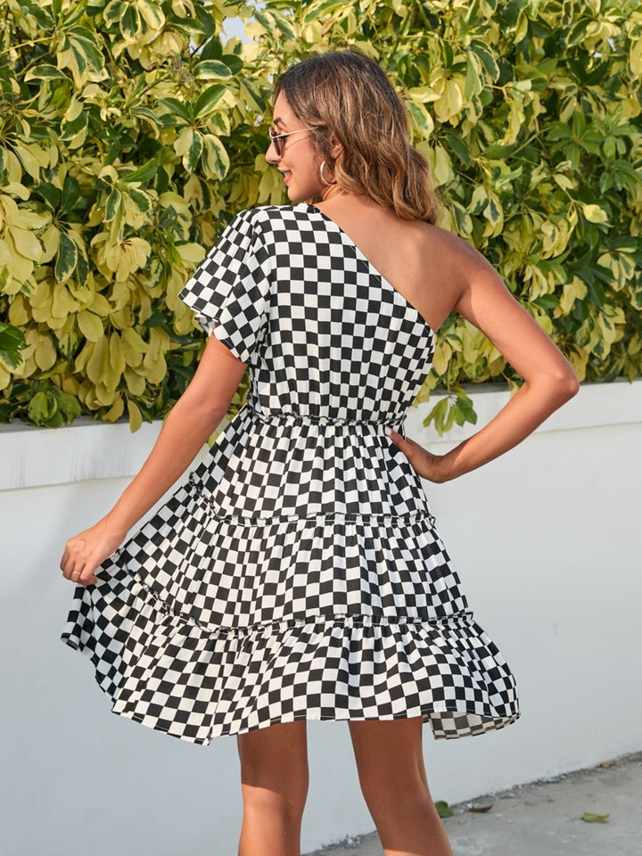 Checkered Single Shoulder Mini Dress | Trendsi