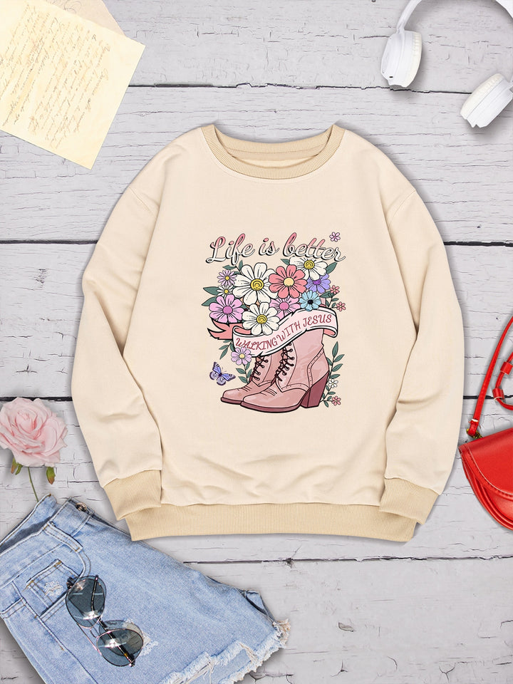 Graphic Round Neck Long Sleeve Sweatshirt | Trendsi