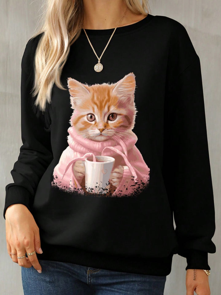 Cat Round Neck Long Sleeve Sweatshirt | Trendsi