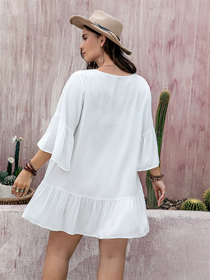 Plus Size Lace Detail Tie Neck Three-Quarter Sleeve Mini Dress | Trendsi