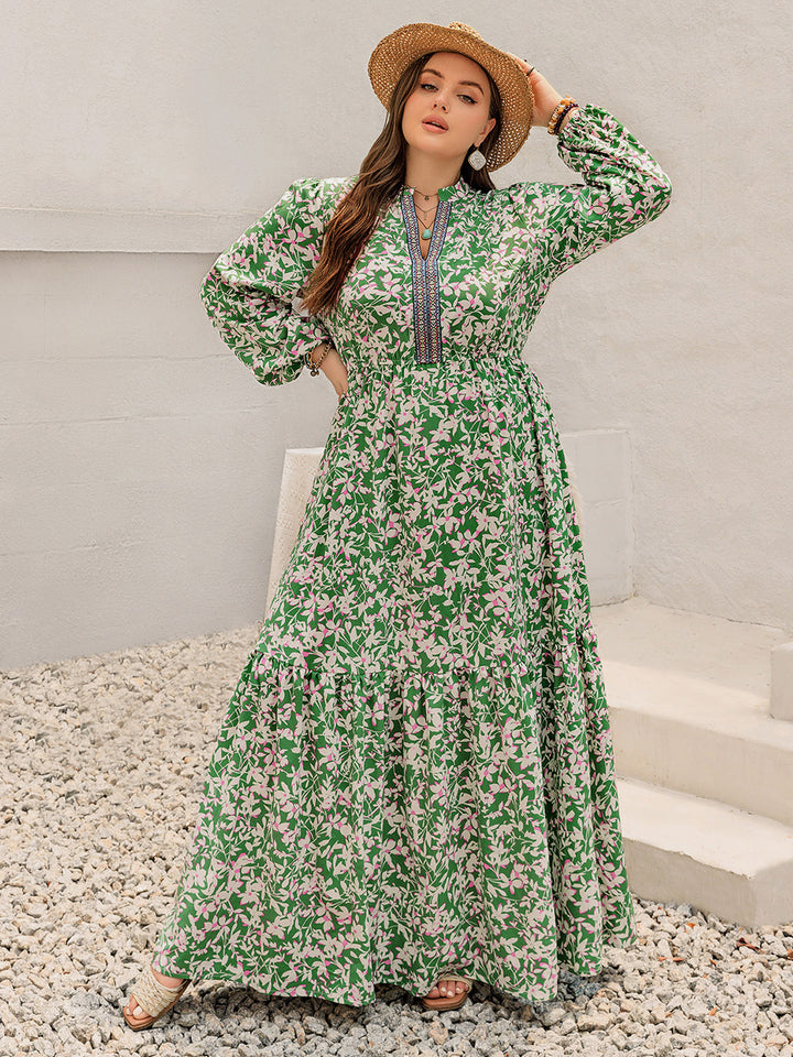 Plus Size Printed Notched Long Sleeve Maxi Dress | Trendsi