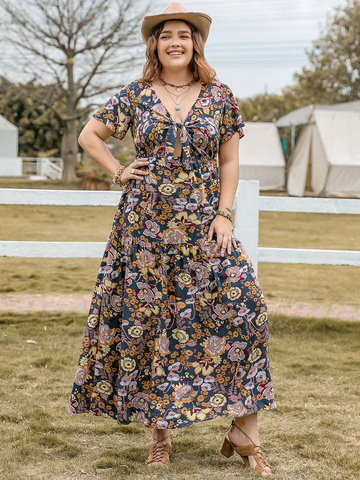 Plus Size Tied Printed Short Sleeve Midi Dress | Trendsi