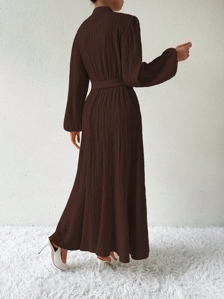 Half Button Tie Waist Long Sleeve Maxi Dress | Trendsi