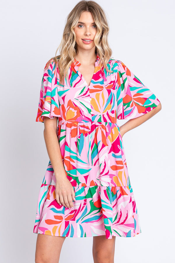 GeeGee Printed Short Sleeve Ruffle Hem Dress | Trendsi