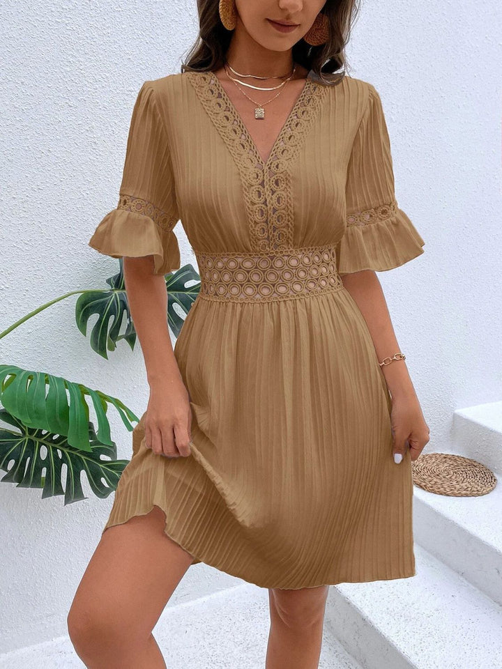 Cutout V-Neck Flounce Sleeve Mini Dress | Trendsi