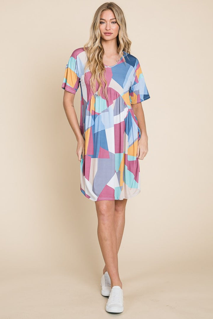 BOMBOM Ruched Color Block Short Sleeve Dress | Trendsi