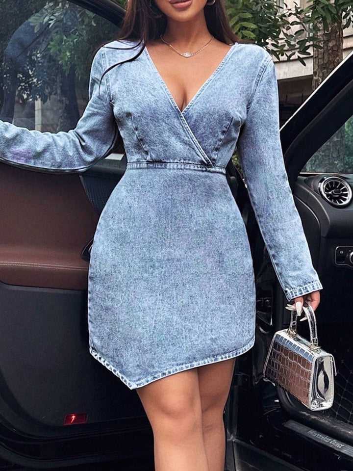 Surplice Long Sleeve Denim Dress | Trendsi