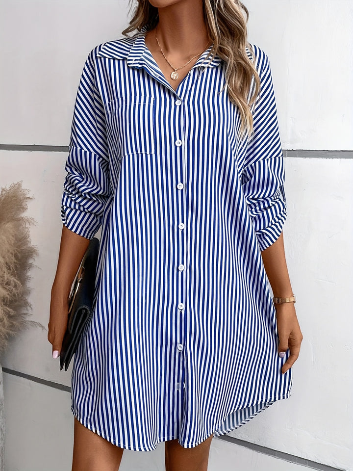 Striped Button Up Long Sleeve Mini Shirt Dress | Trendsi