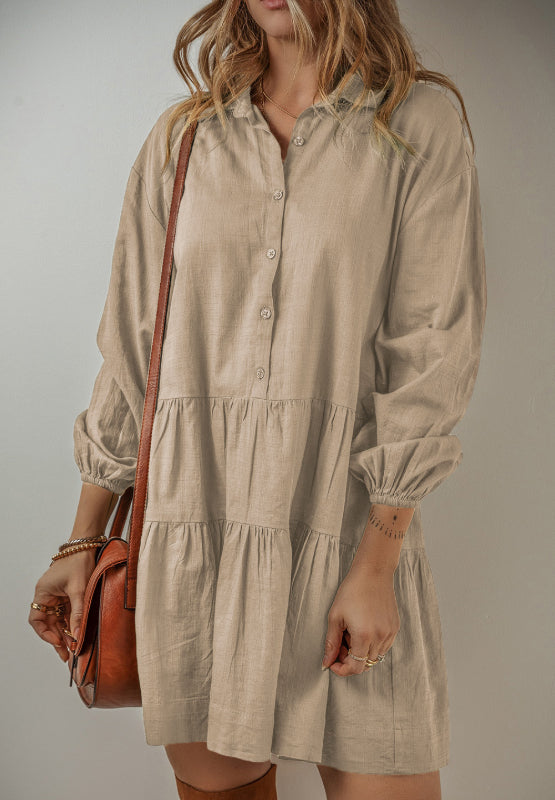 Tiered Collared Neck Balloon Sleeve Shirt Dress | Trendsi