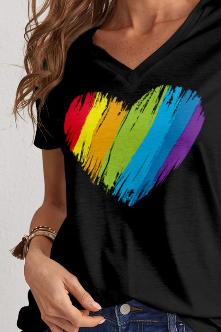 Heart V-Neck Dropped Shoulder T-Shirt | Trendsi