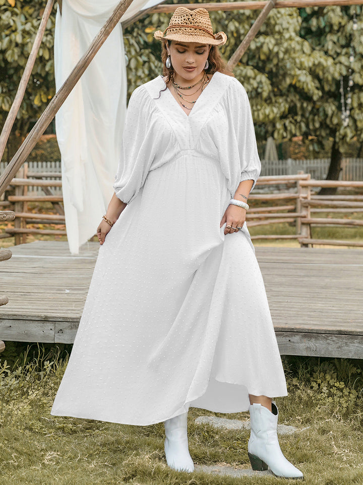 Plus Size Swiss Dot V-Neck Three-Quarter Sleeve Dress | Trendsi