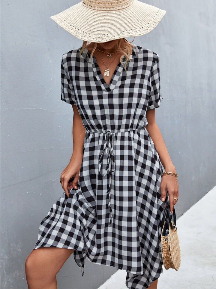 Plaid Notched Short Sleeve Dress | Trendsi