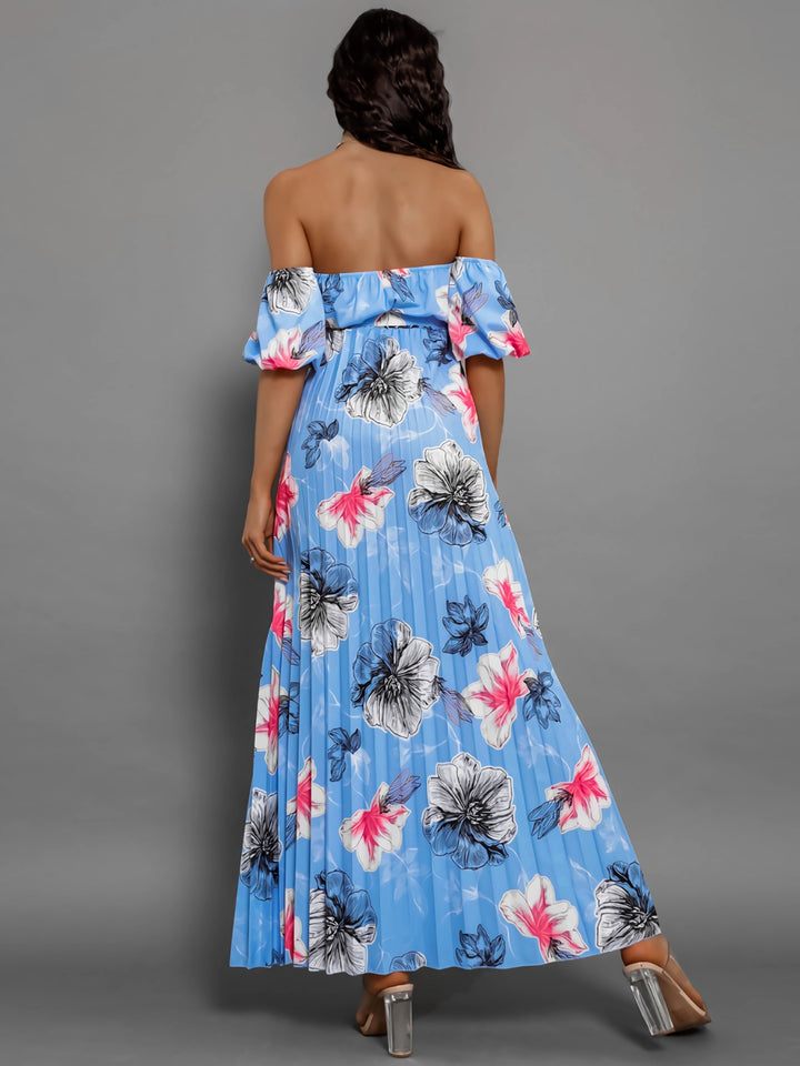 Pleated Floral Off-Shoulder Short Sleeve Midi Dress | Trendsi