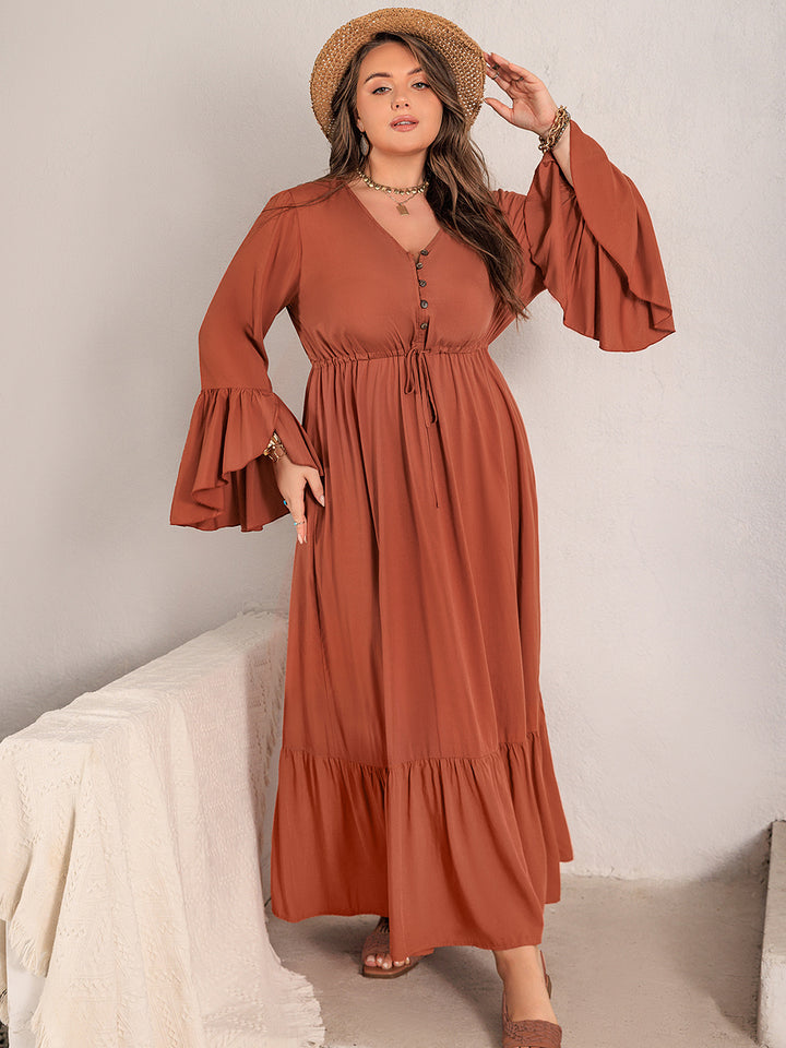 Plus Size V-Neck Flare Sleeve Maxi Dress | Trendsi