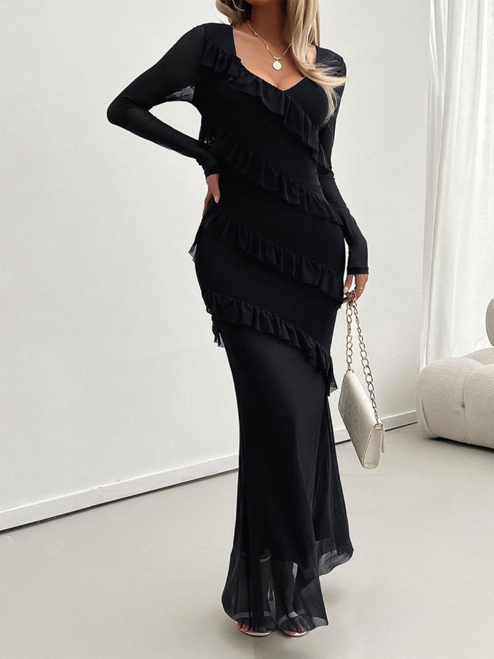 Devine Ruffled Surplice Long Sleeve Maxi Dress | Trendsi