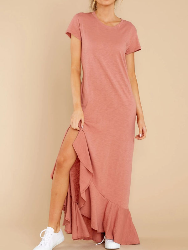 Slit Round Neck Short Sleeve Maxi Dress | Trendsi