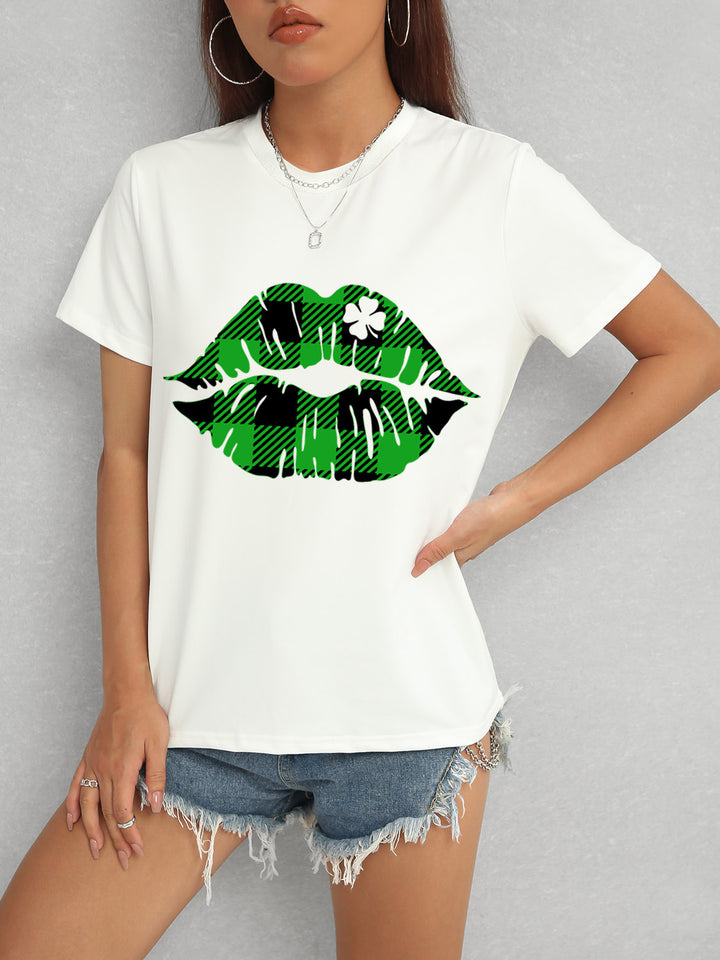 Plaid Lip Graphic Round Neck T-Shirt | Trendsi