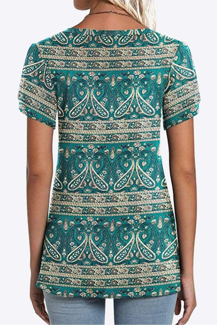 Printed Petal Sleeve V-Neck Blouse | Trendsi