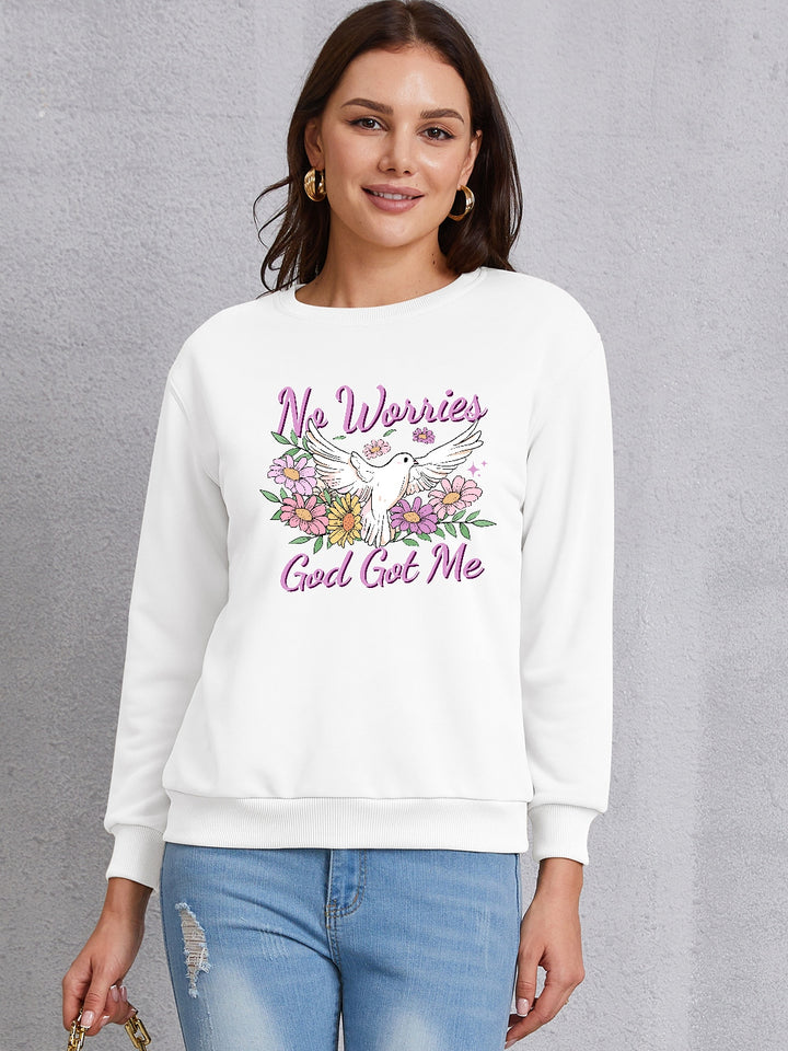 NO WORRIES GOD GOT ME Round Neck Sweatshirt | Trendsi