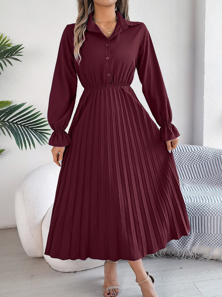 Pleated Half Button Long Sleeve Midi Dress | Trendsi