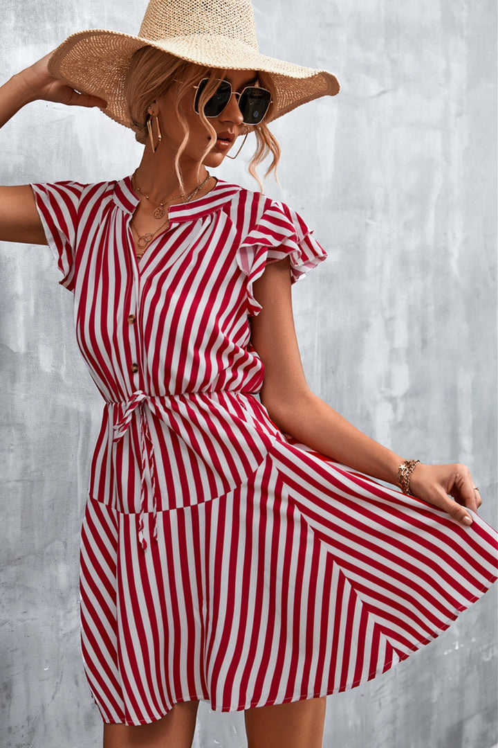 Ruffled Striped Cap Sleeve Mini Dress | Trendsi