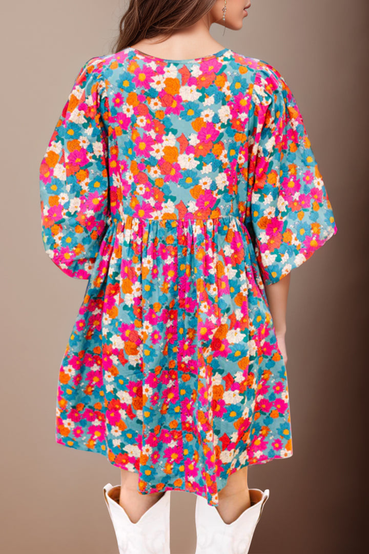 Floral Tie Neck Puff Sleeve Mini Dress | Trendsi