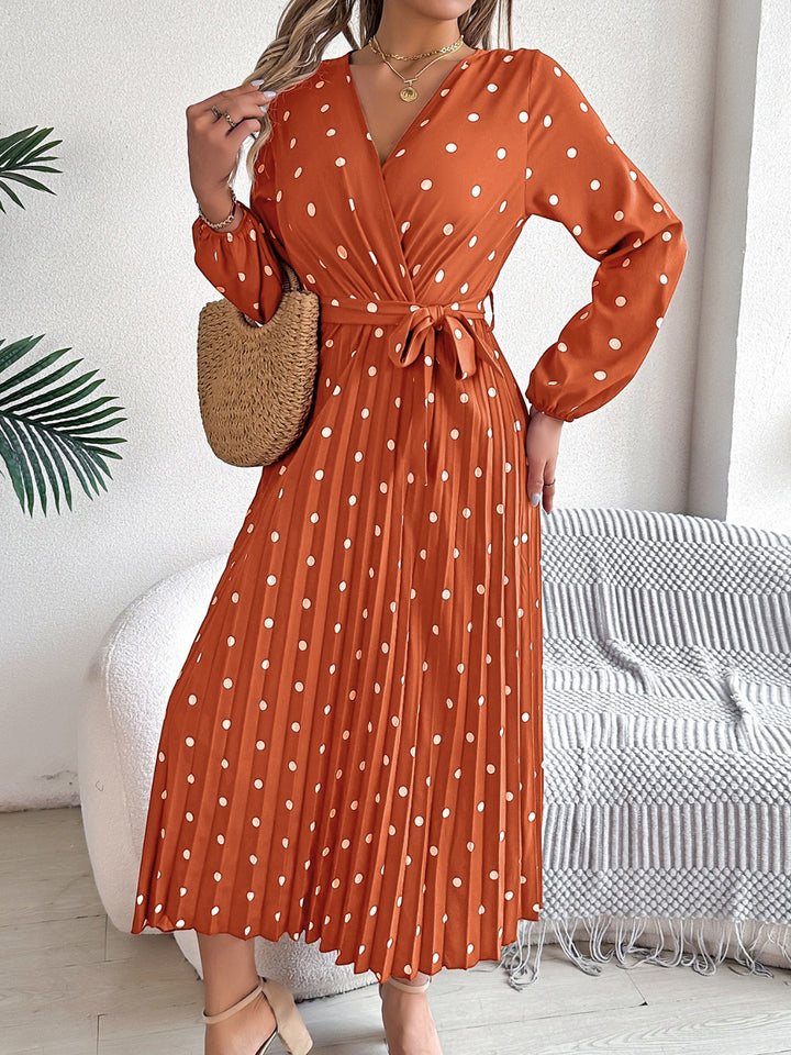 Tied Polka Dot Long Sleeve Midi Dress | Trendsi