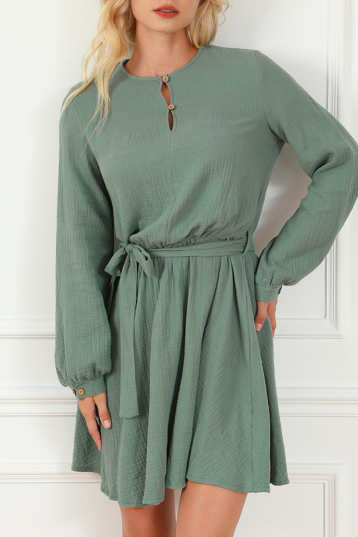 Round Neck Long Sleeve Tie Waist Dress | Trendsi