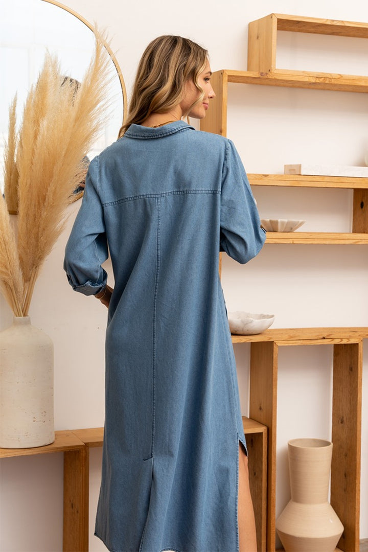 Sew In Love High-Low Button Up Roll-Tab Sleeve Denim Dress | Trendsi