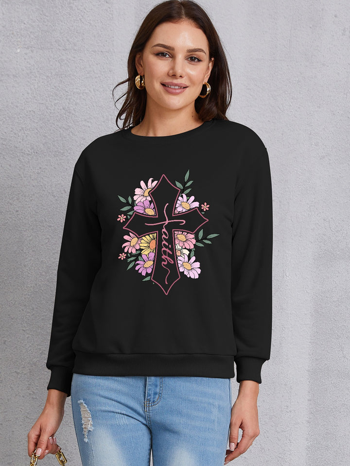 Cross Graphic Round Neck Dropped Shoulder Sweatshirt | Trendsi