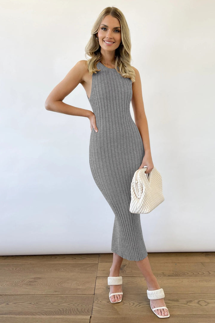 Slit Ribbed Round Neck Sleeveless Dress | Trendsi