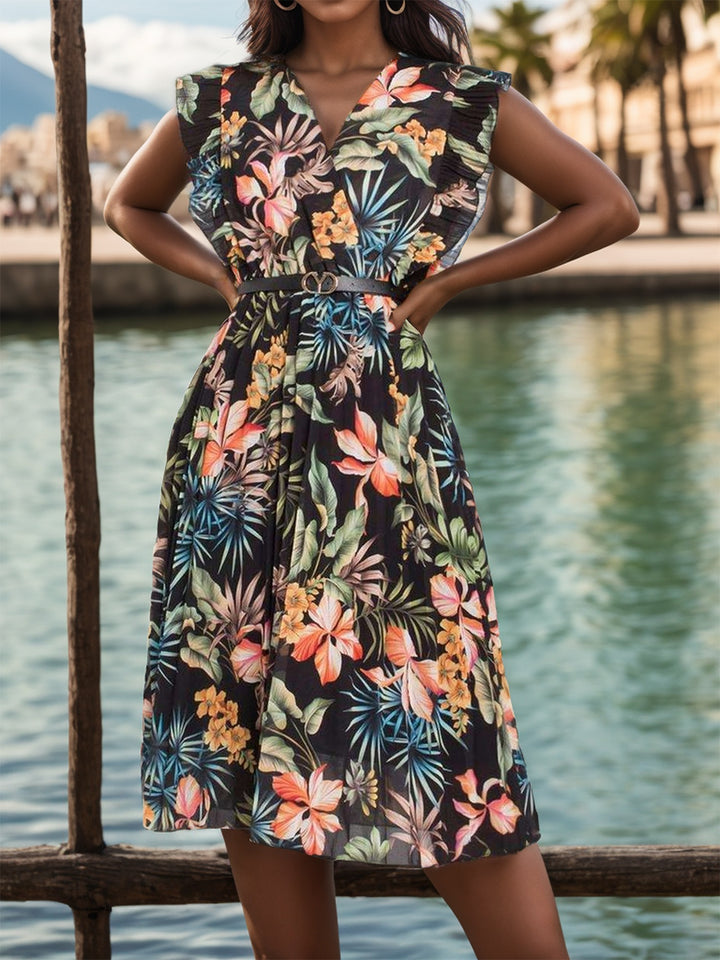 Ruffled Printed Surplice Cap Sleeve Dress | Trendsi