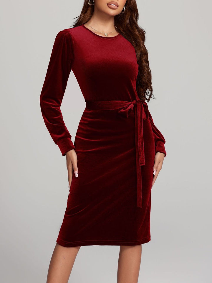 Round Neck Tie Waist Long Sleeve Velvet Dress | Trendsi