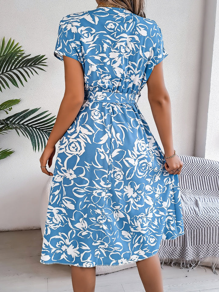 Printed V-Neck Short Sleeve Dress | Trendsi