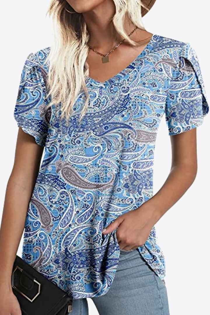 Printed Petal Sleeve V-Neck Blouse | Trendsi