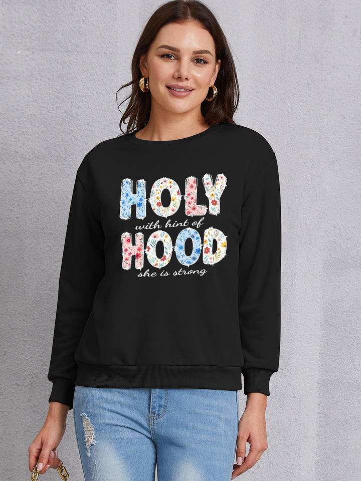 HOLY WITH HINT OF HOOD SHE IS STRONG Round Neck Sweatshirt | Trendsi