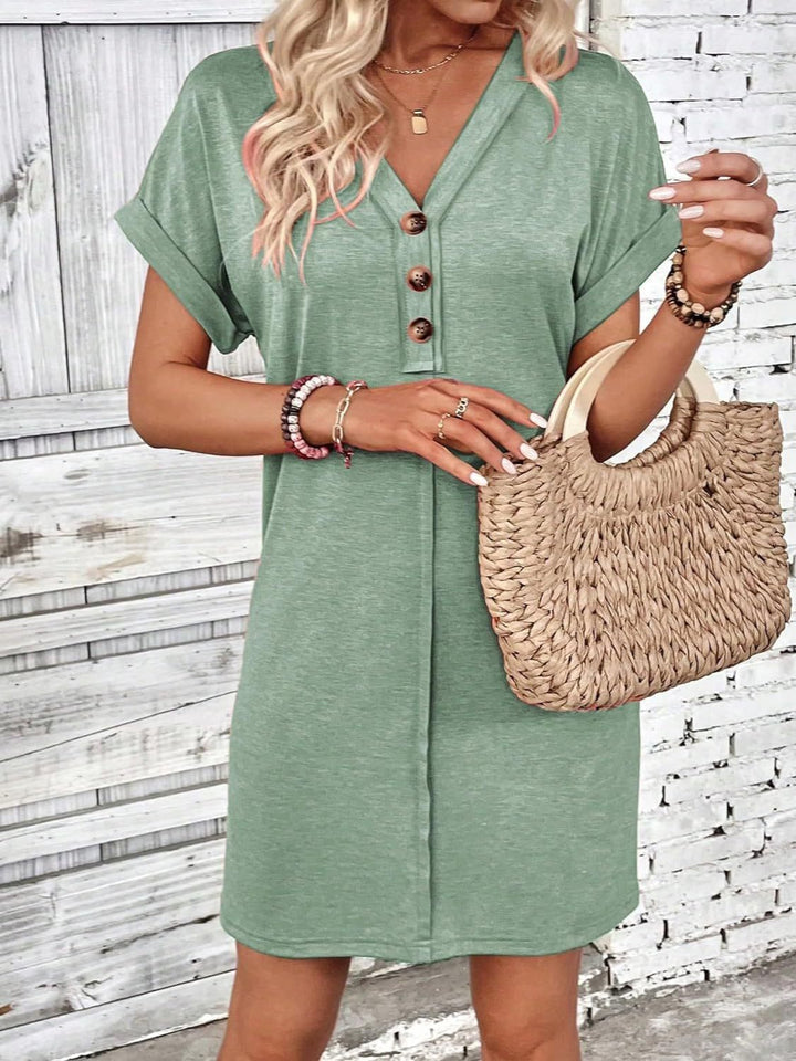 Quarter Button V-Neck Short Sleeve Dress | Trendsi