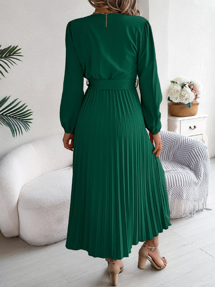 Pleated Tied V-Neck Long Sleeve Dress | Trendsi