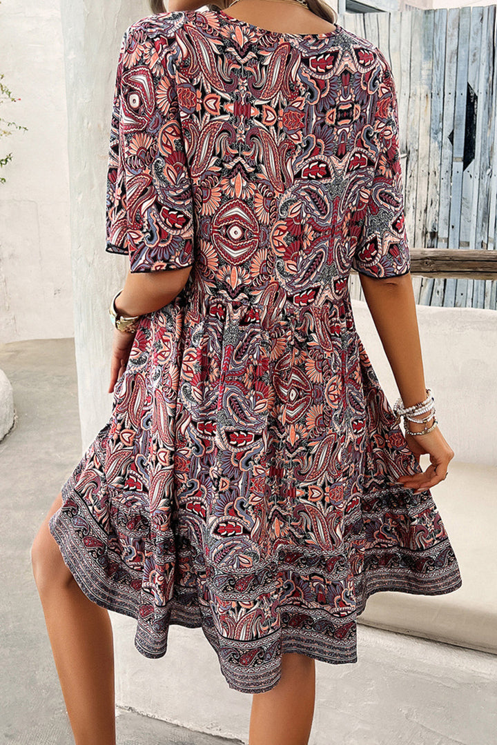 Printed V-Neck Half Sleeve Mini Dress | Trendsi