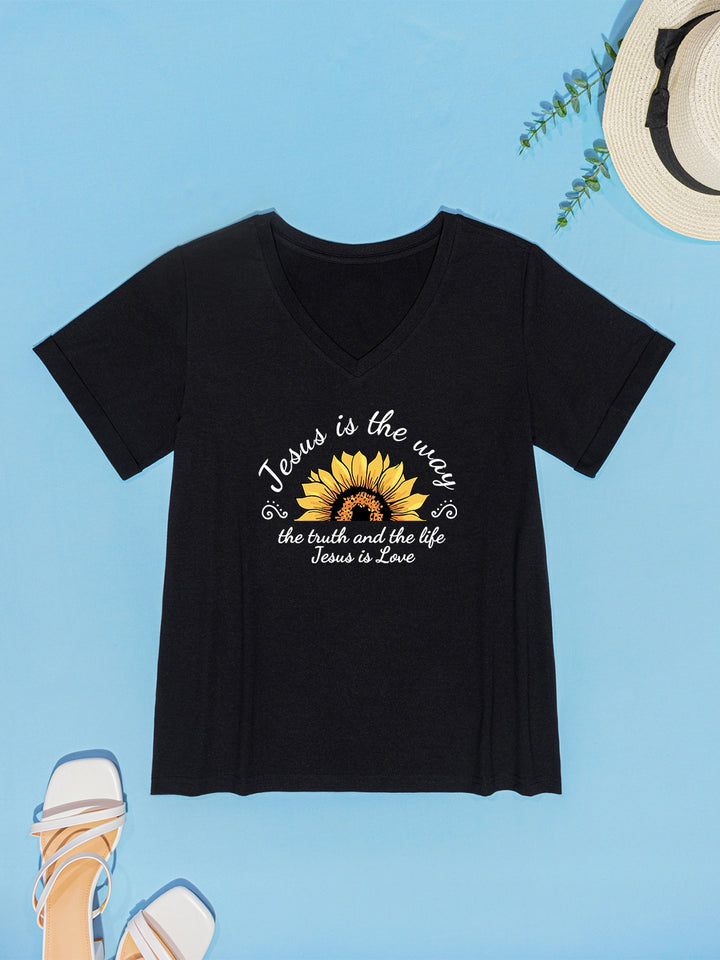 Sunflower V-Neck Short Sleeve T-Shirt | Trendsi