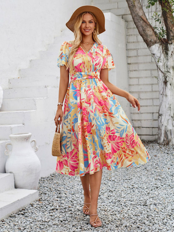 Printed V-Neck Short Sleeve Midi Dress | Trendsi