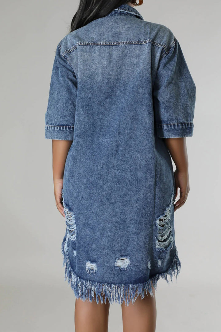 Distressed Raw Hem Button Up Denim Dress | Trendsi