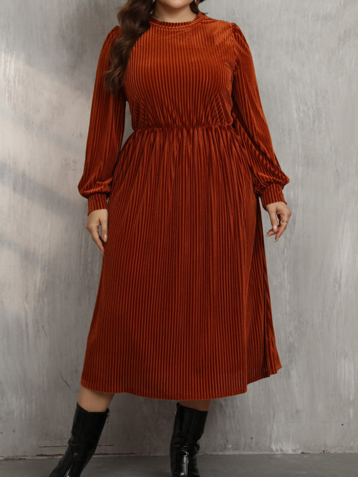 Plus Size Round Neck Long Sleeve Midi Dress | Trendsi