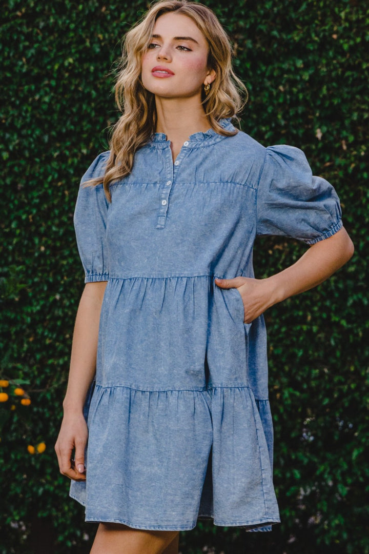 ODDI Washed Tiered Mini Denim Dress | Trendsi